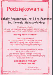 Podziękowania za zebrane nakrętki