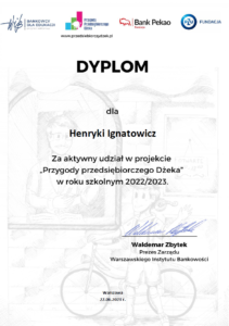 Podziękowania za udział w projekcie „Przygody przedsiębiorczego Dżeka”