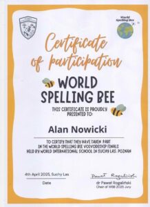 Wyróżnienie w Wojewódzkim konkursie języka angielskiego „World Spelling Bee” dla Alana Nowickiego z 4 a