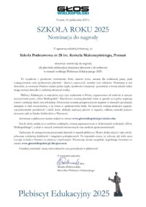 Nominacja szkoły oraz nauczycieli w tegorocznej edycji Plebiscytu Edukacyjnego 2025 Głosu Wielkopolskiego.